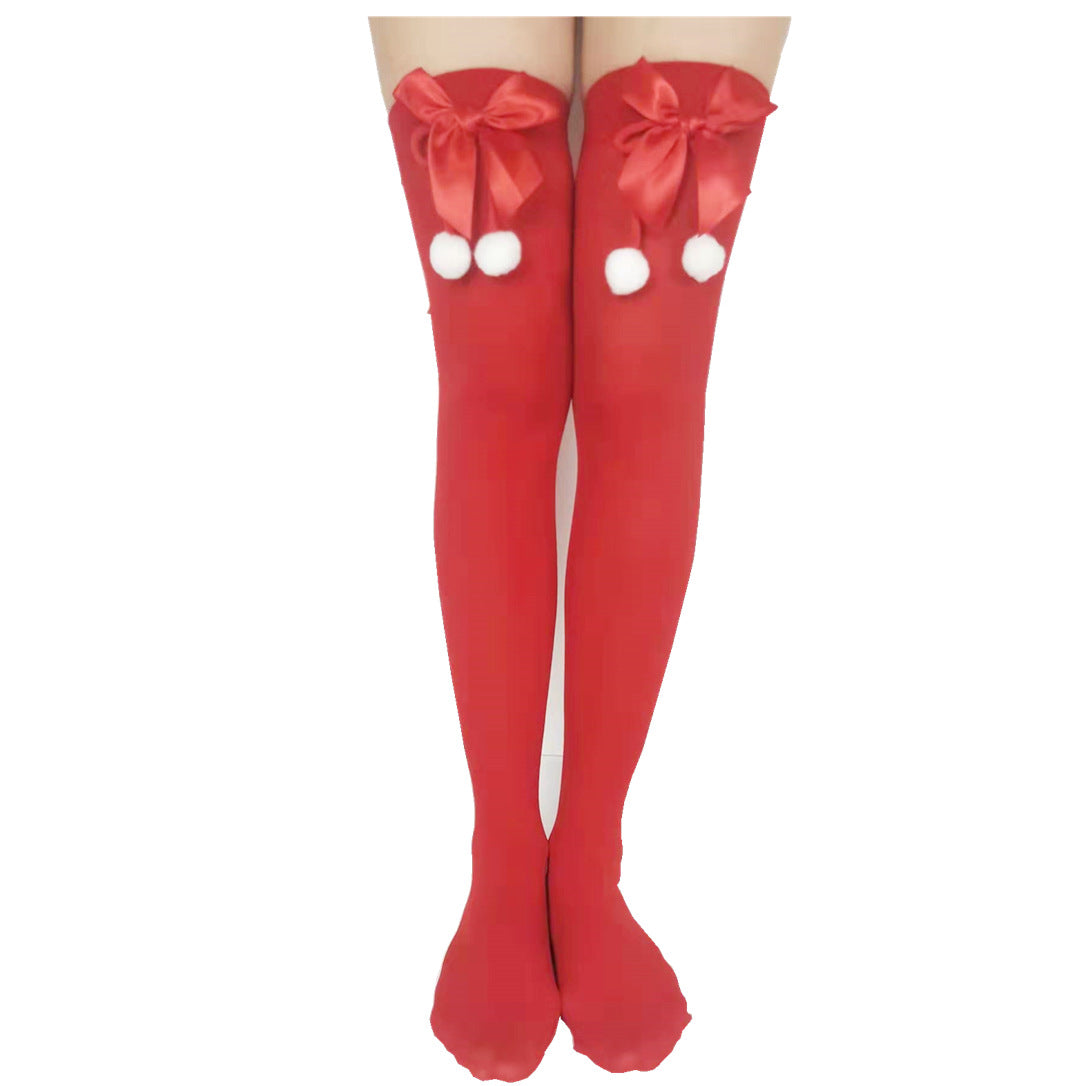 Christmas Striped Socks With Bow Fur Balls