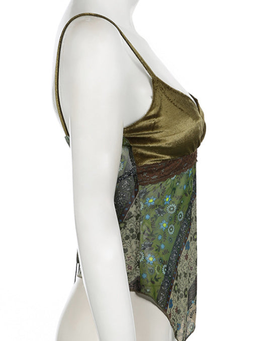 Vintage Printed Velvet Stitching Tied Irregular Spaghetti-strap Niche Sexy A Swing Slim Vest