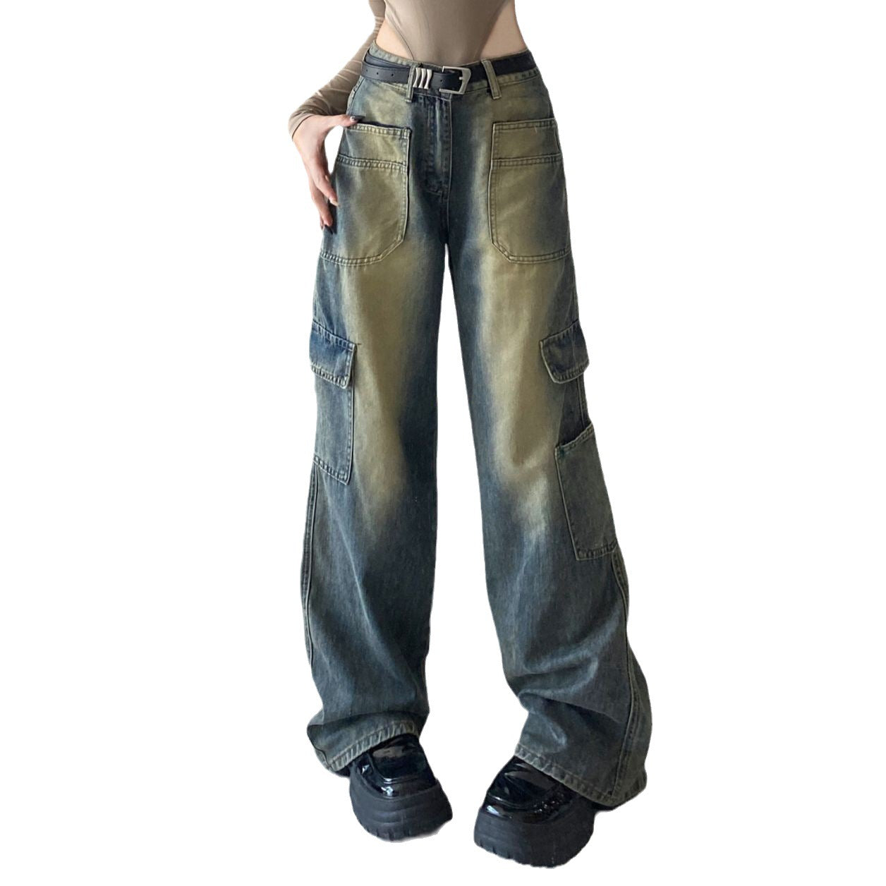 Amerikansk Workwear Lomme Brede Ben Denim Lige Bukser til Kvinder
