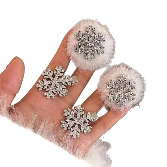Women's Versatile Christmas White Pom-pom Snowflake Hair Clip