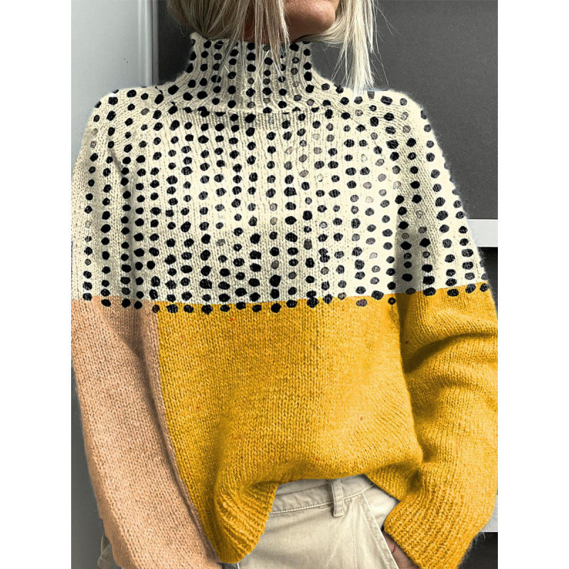 Printed Casual Turtleneck Bedford Cord Sweater