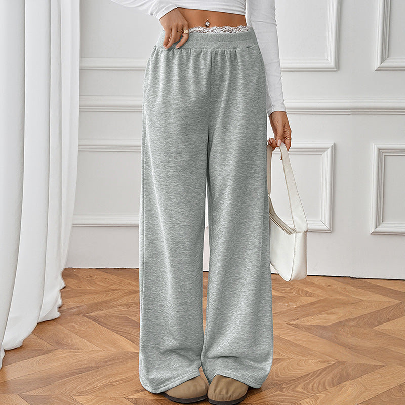 Lace Stitching Fake Two Pieces Casual Straight Trousers Women