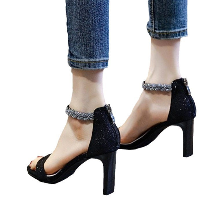 Women's Rhinestone Minimalist Thick Heeled Sandals