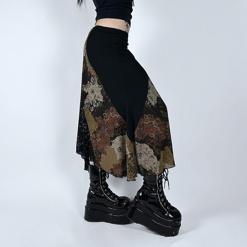 Retro Ethnic Style Personalized Printing Stitching Asymmetric Skirt