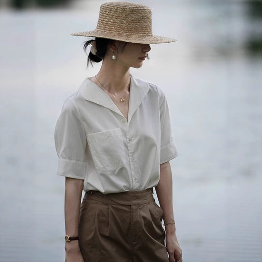 French Chic Design Niche Top Short Sleeve V-neck White Shirt