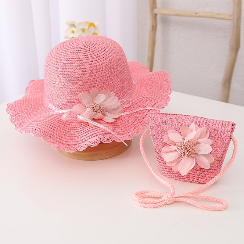Children's Summer Sunshade Flower Princess Straw Hat Backpack Set