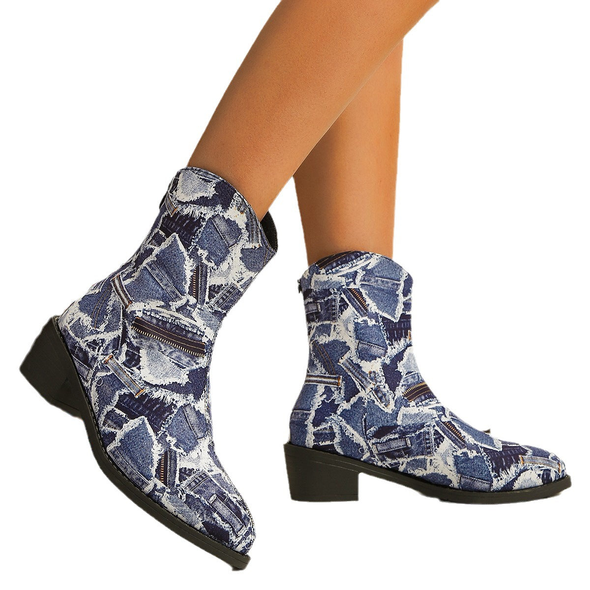 Patchwork Denim Boots Fashion Autumn And Winter Outerwear Round Toe Square Heel Shoes With Back Zipper Casual Cowboy Boots