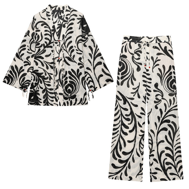 Kimono-jakke og -bukser med print til kvinder