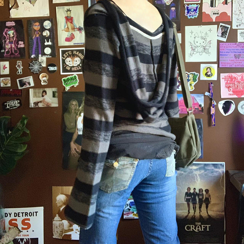 American Street Contrast Color Striped Loose Sweater