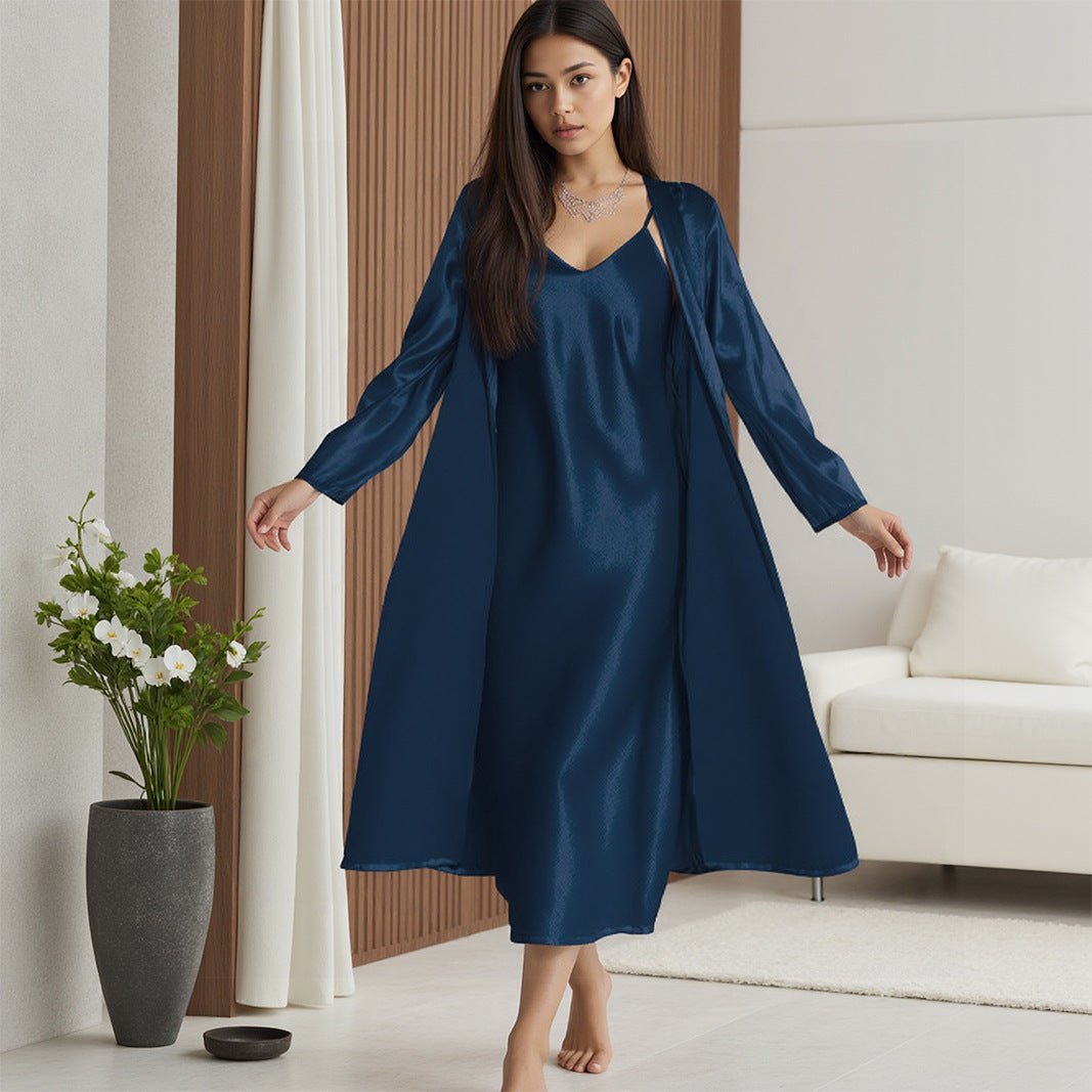 Sexy Womens SpringSummer Loose Slip Dress Bathrobe Loungewear Fashionable Long Nightgown Set