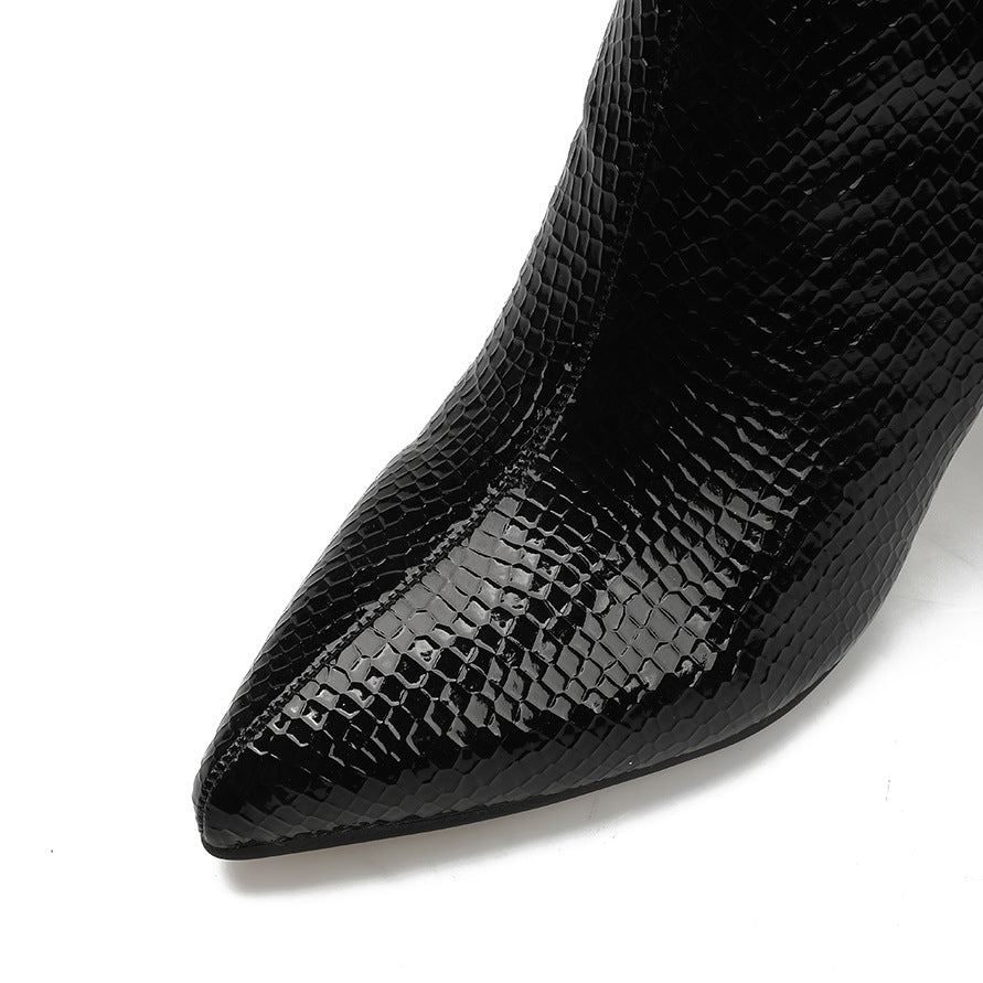 European And American Sexy Pointed Toe Martin Boots Snake Print Stiletto Heel