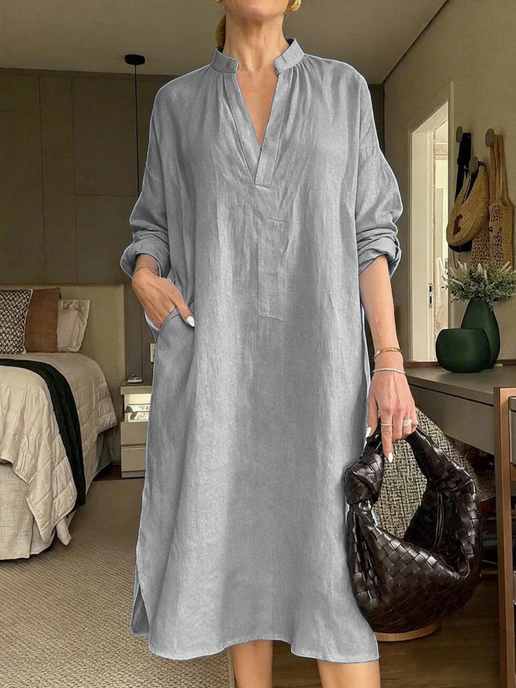 Womens Retro Cotton-Linen Long-Sleeve V-Neck Pocket Dress