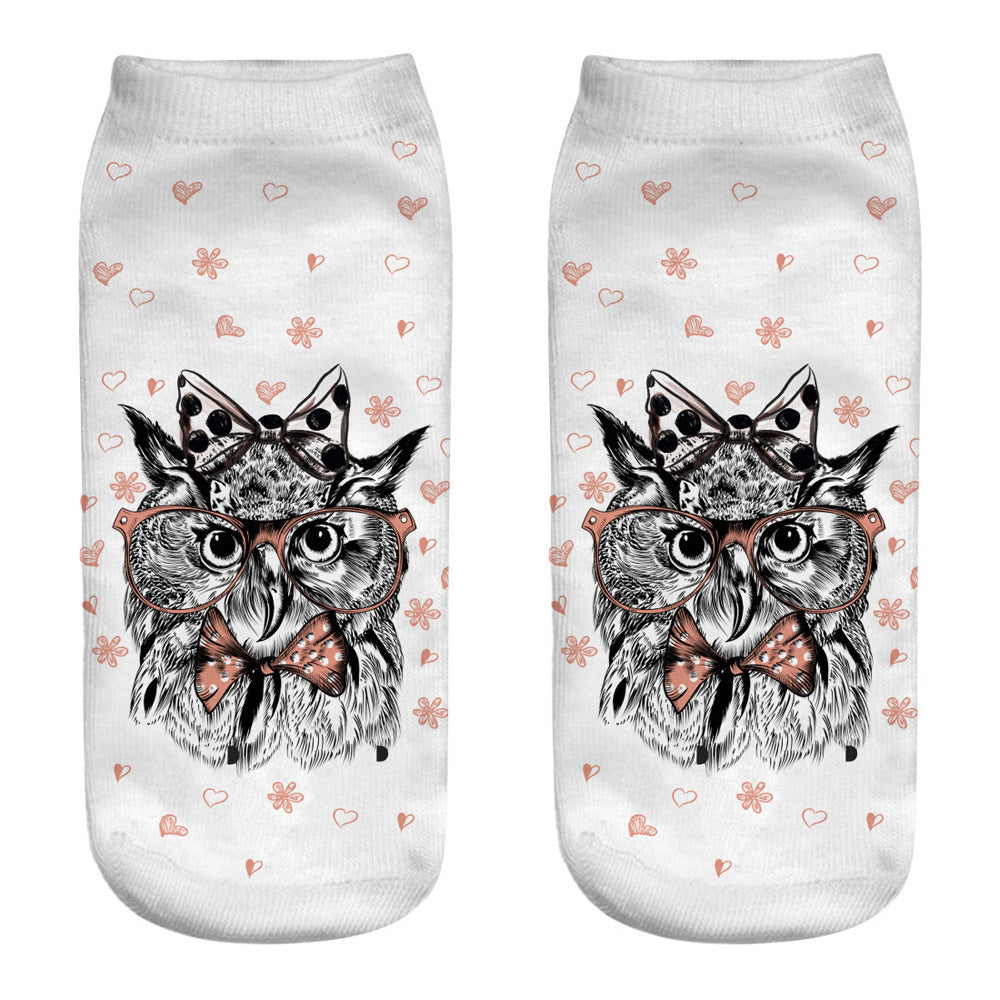 Printed Female Socks Owl Pattern Animal 3D Printed Short Socks