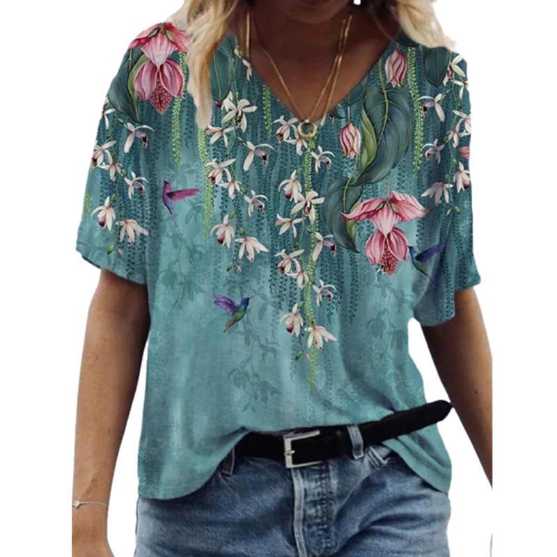 Blomsterprint Pullover V-hals Kortærmet T-shirt til Kvinder