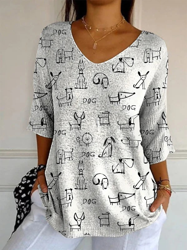 Elegant Retro Womens Casual Floral Print V-Neck Long-Sleeve Top