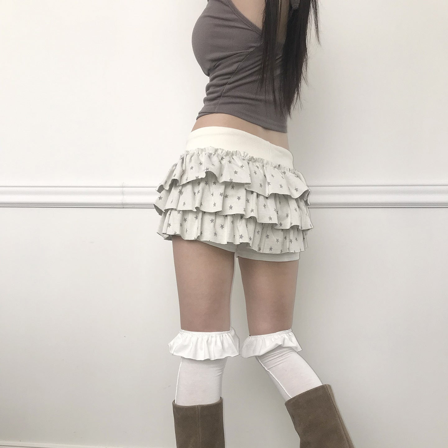 Sweet Printed Contrast Color Stretch Double Layer Skirt