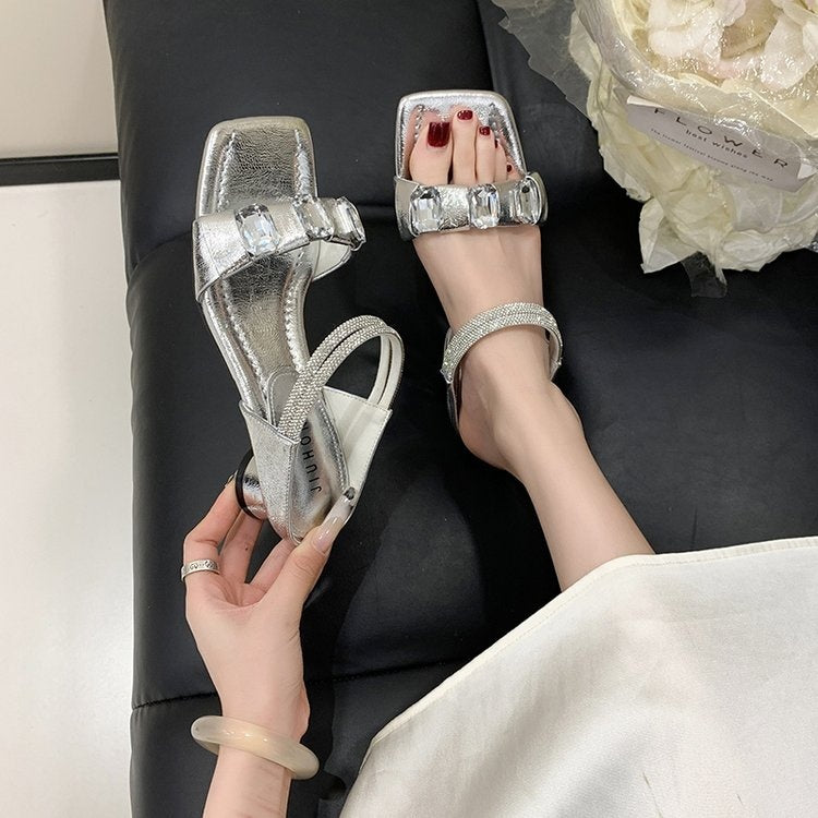 Early Spring Fairy-Inspired Crystal & Rhinestone Sandals For Women, Sheer One-Strap Mid Block Heel Design, Trendy Outdoor Fashion Shoes