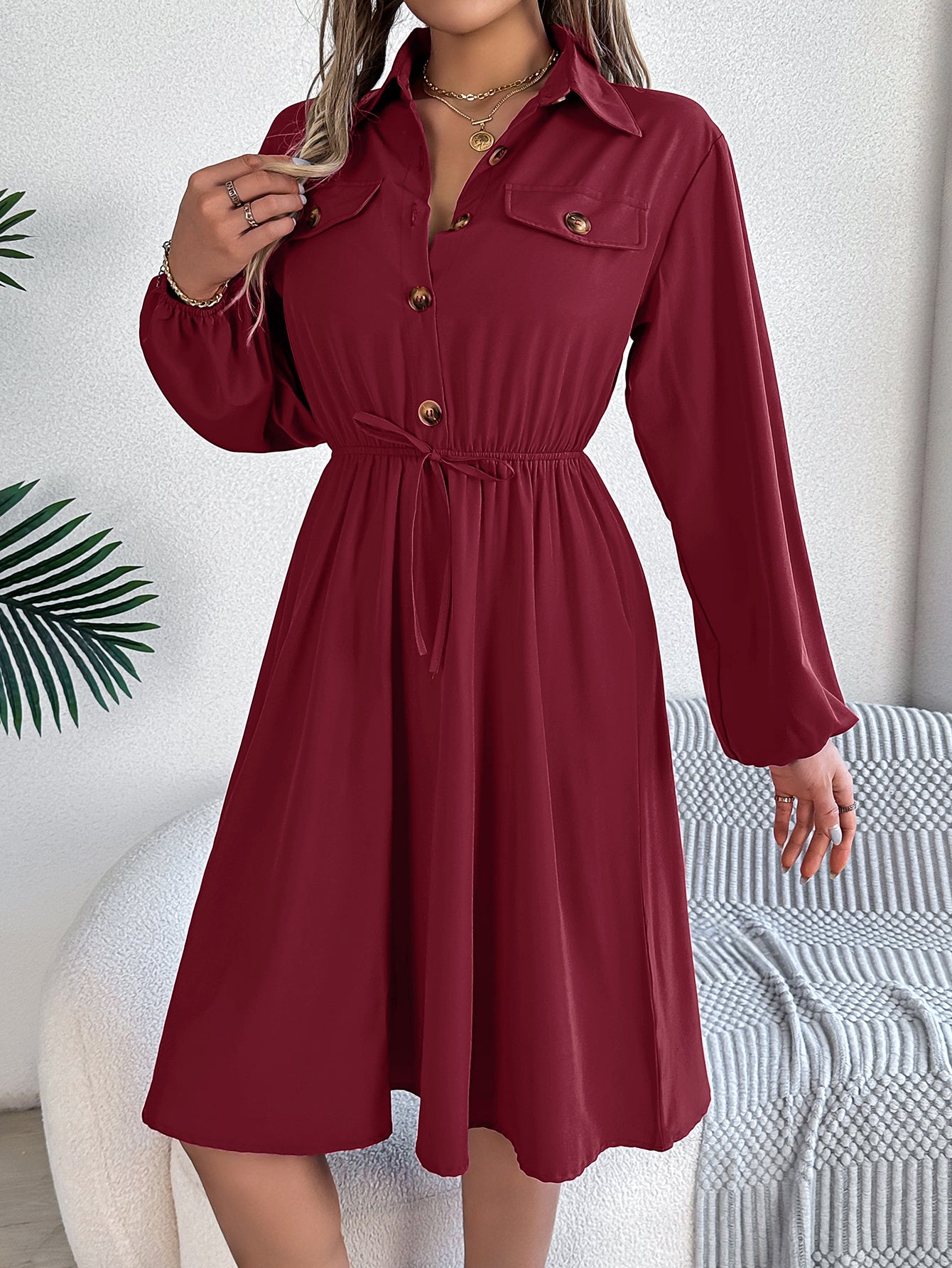 Women  Casual Button Tie Waist Long Sleeve Shirt Dress
