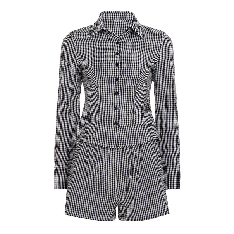 Sæt med skovmandsskjorte, cardigan og shorts med elastiktalje