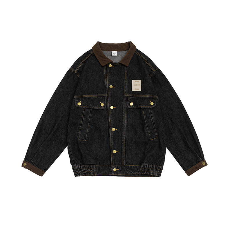 Color Stitching Turnover Neck Profile Pocket Denim Jacket