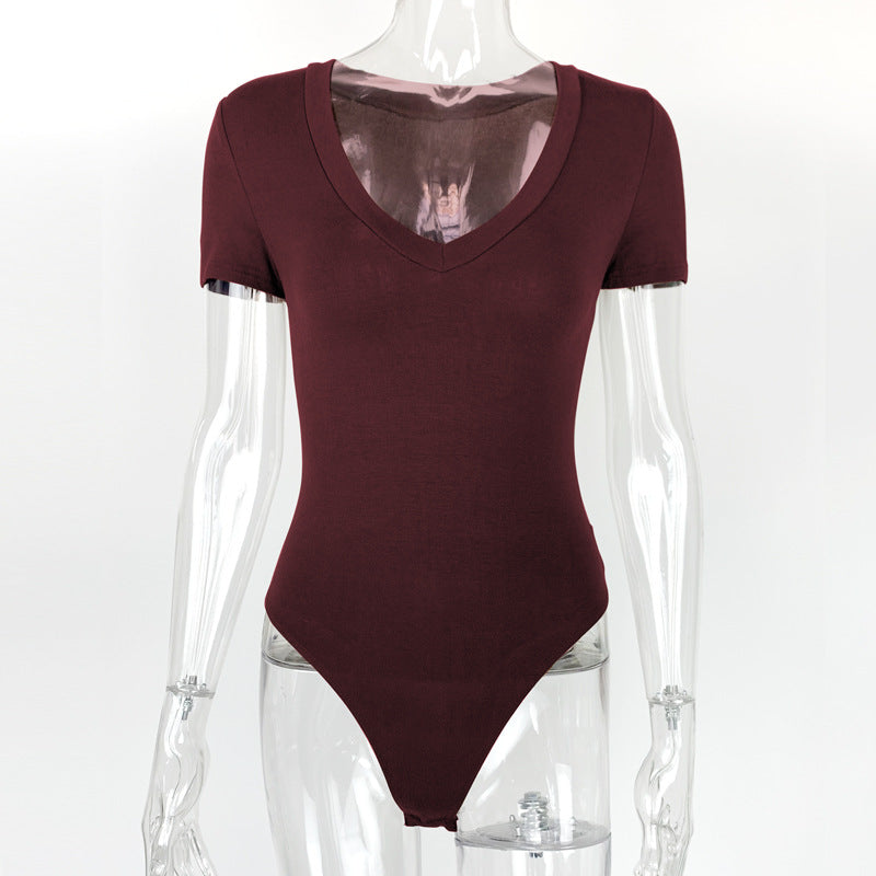 Women's Fashion Short-sleeved V-neck Tight-fitting Jumpsuit