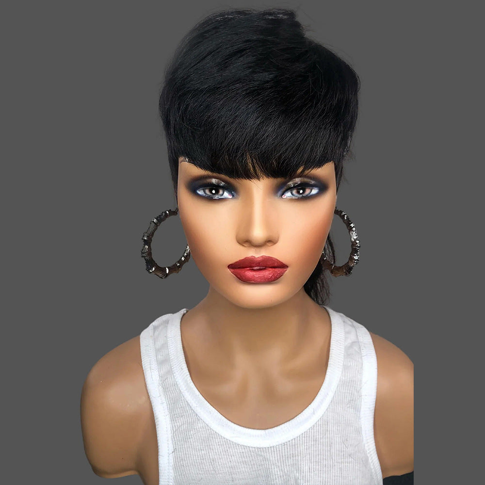 Short Hair Black Chemical Fiber Synthetic Mechanism Wig Fishtail