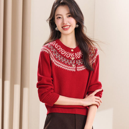 Womens Retro Fair Isle Knit Sweater With Buttons And A Crew Neck