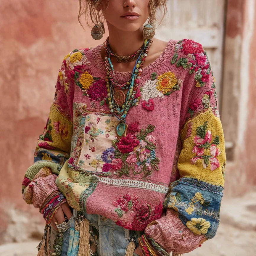 Womens Retro Patchwork Floral Padded Crew-Neck Sweatshirt
