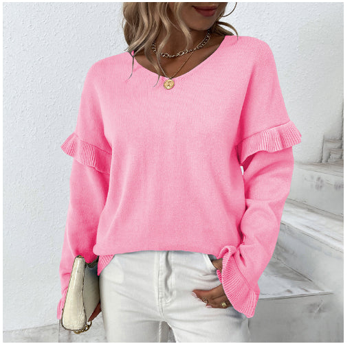 Solid Color And V-neck Petal Sleeve Sweater For Women