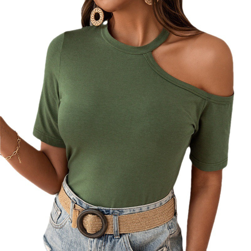 European And American Off-the-shoulder Leopard Print T-shirt Short-sleeved Round Neck Sweater