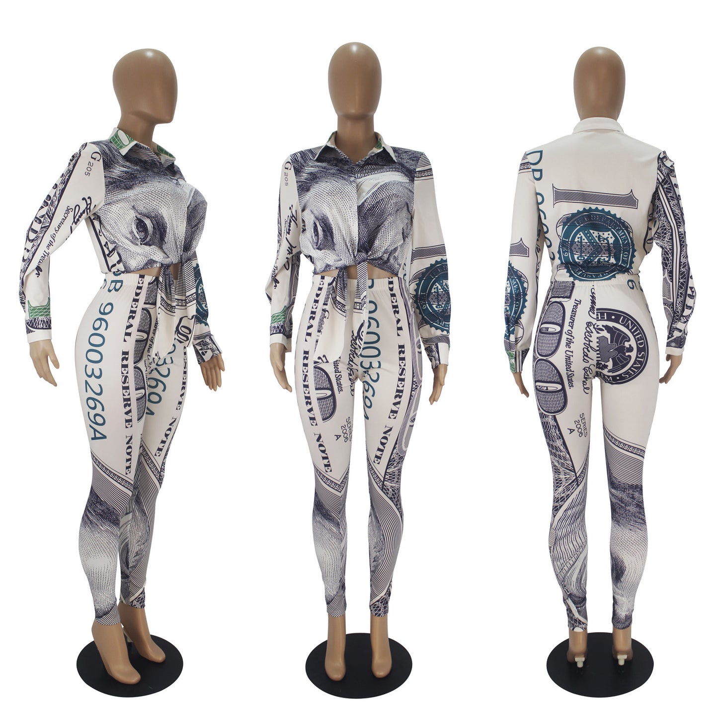 Women's Casual Fashion USD Printed Lace Up Long-sleeved Trousers Two-piece Suit