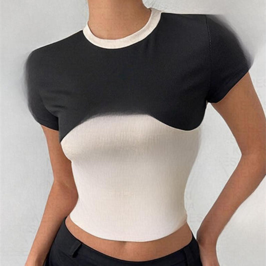 Fashionable Niche-design Cropped Top With A Color-blocked Slim-fit Design And A Round-neck Short-sleeve Silhouette