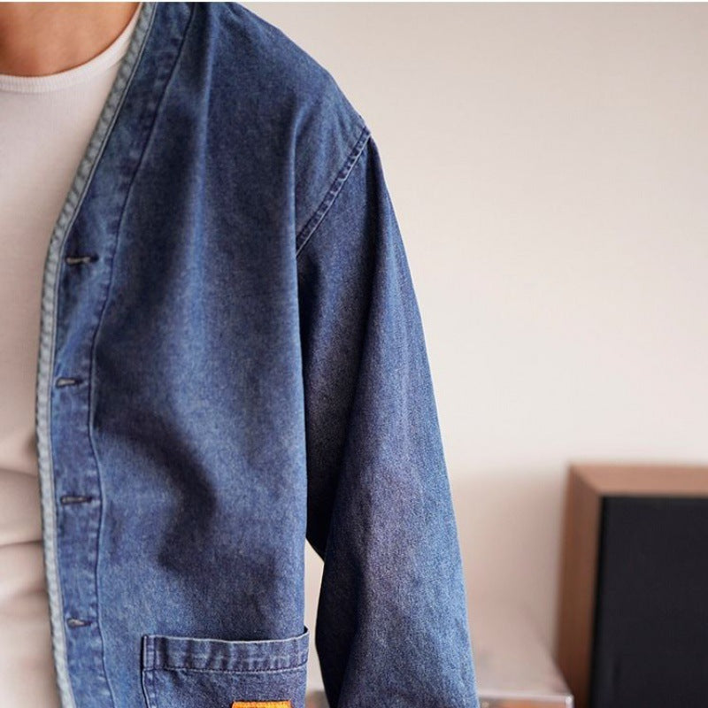 Retro V-neck Denim Men's Fashion Slim Jacket