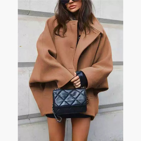 Fashion Brown Lapel Batwing Sleeve Coat