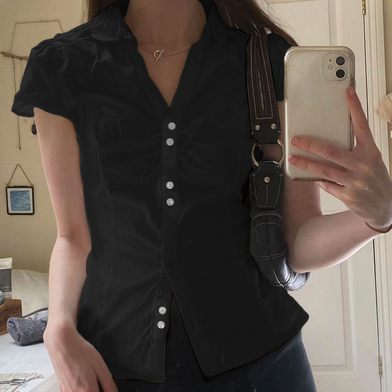 Summer Women's Pleated Casual Breasted Solid Color Back Lace-up Short Sleeve Shirt