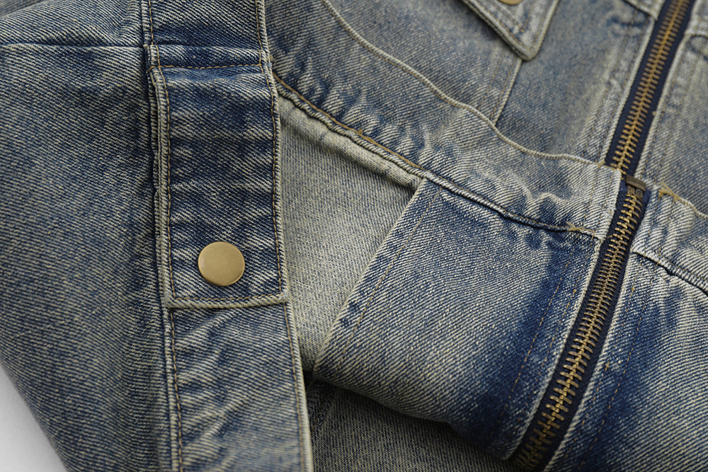 Retro Workwear Pocket Zipper Denim Clothes Jacket Spring And Autumn