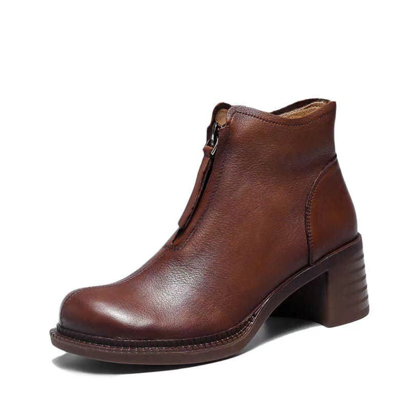 Autumn Leather Soft-soled Short Boots With Front Zipper And Thick Heel