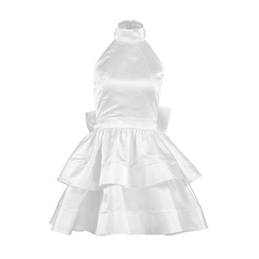 Neck-hanging Satin Puff Skirt Evening Gown Waist-cinching A-line Formal Dress For Women