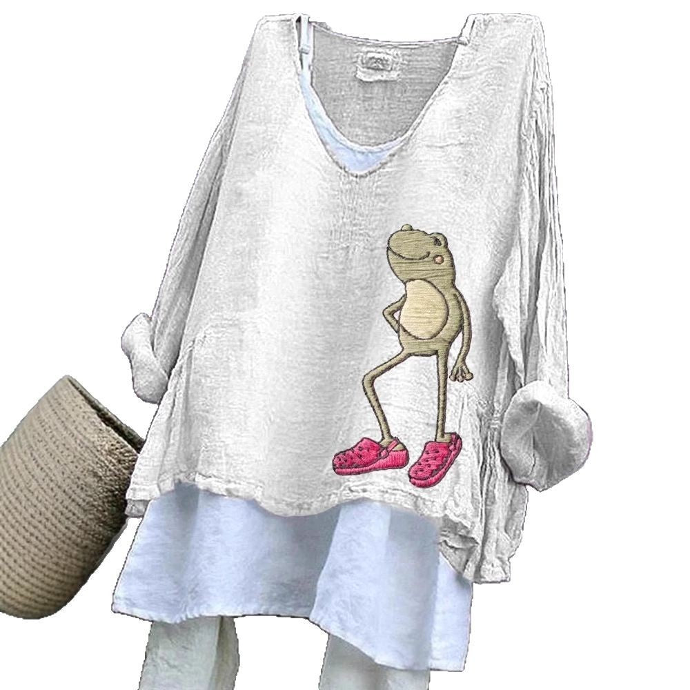Womens Loose Casual Long-Sleeve 3D-Printed Pullover T-Shirt