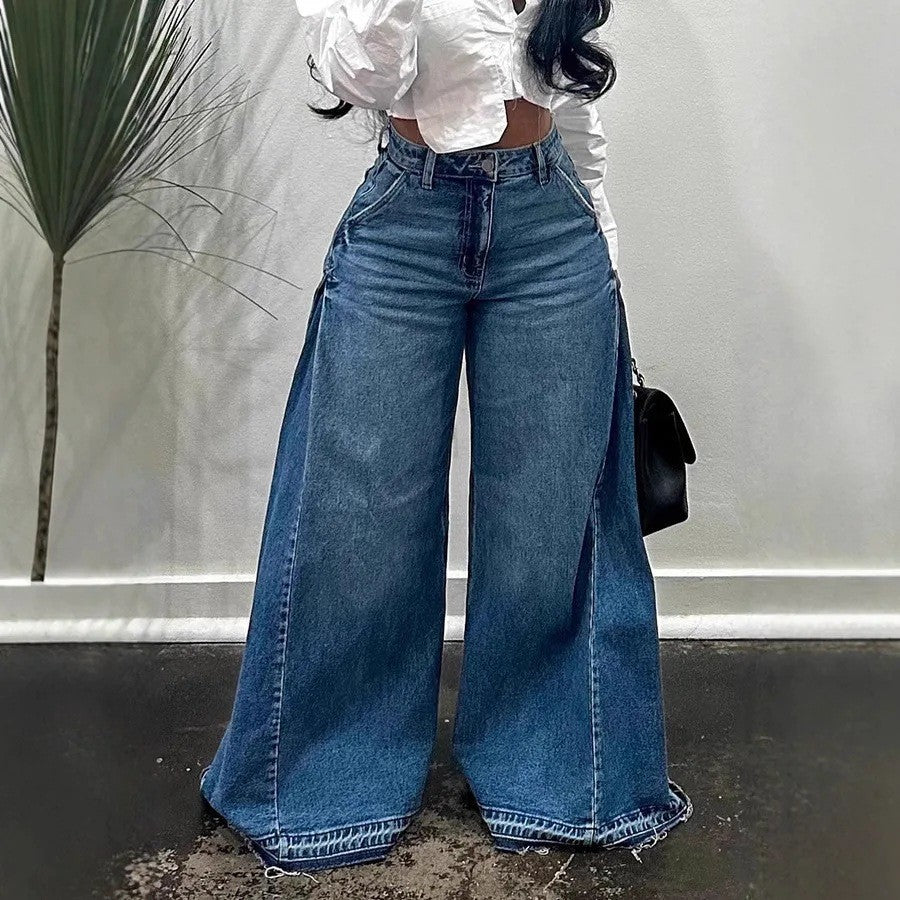 Løse vidde ben jeans med syninger og trompetformet pasform, kvastbukser