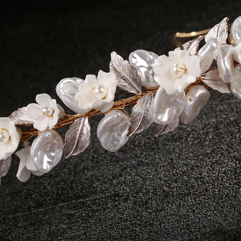 Golden Leaf Bridal Headwear Ceramic Flower Hair Ring