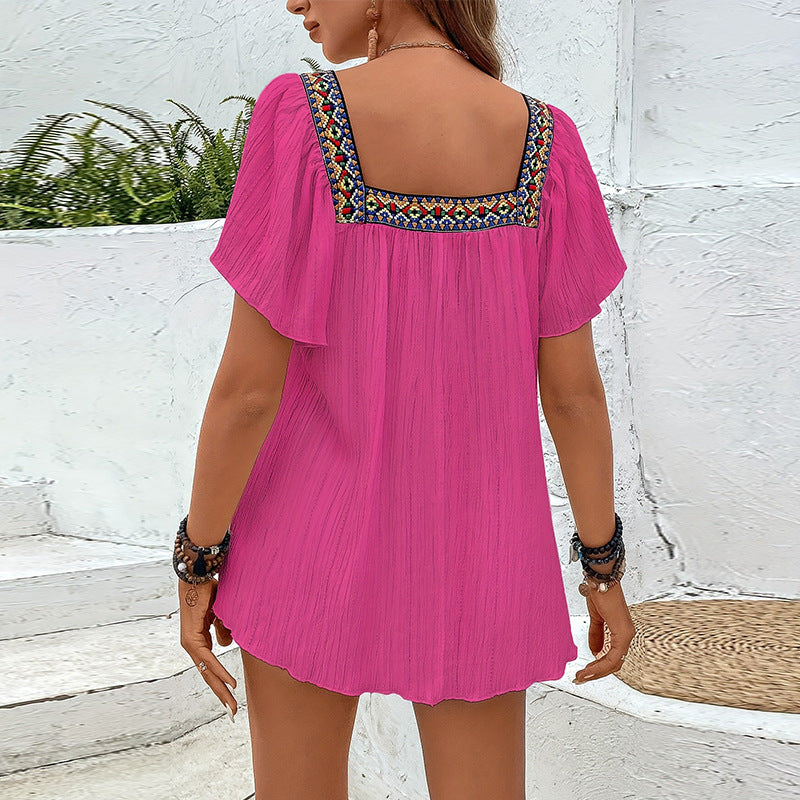 Square Collar Shirt Pullover Short Sleeve Backless Shirt