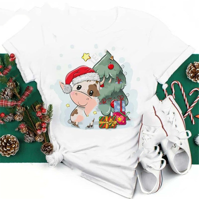 Christmas Penguin Owl Print Women's Black T-Shirt