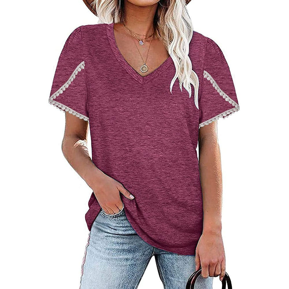 V-neck Lace Short-sleeved Shirt Loose Color Cotton Petal-sleeved T-shirt