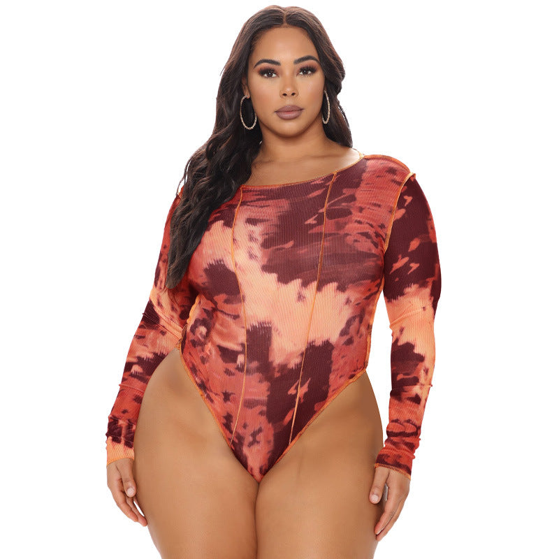 Women's Spring Round Neck Print Long Sleeves Tight Breasted Plus Size Jumpsuit