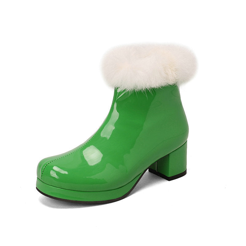 Womens Short Boots For Fall Winter Patent Leather Chunky Heel