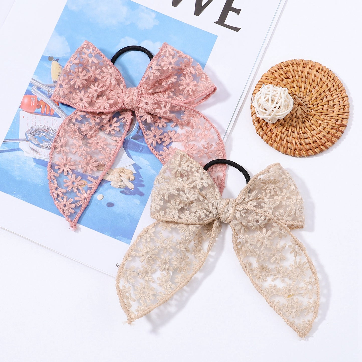 Embroidered Printed Bowknot Hair Ring Simple Lace Rubber Band Hair Rope Floral Dovetail Accessories