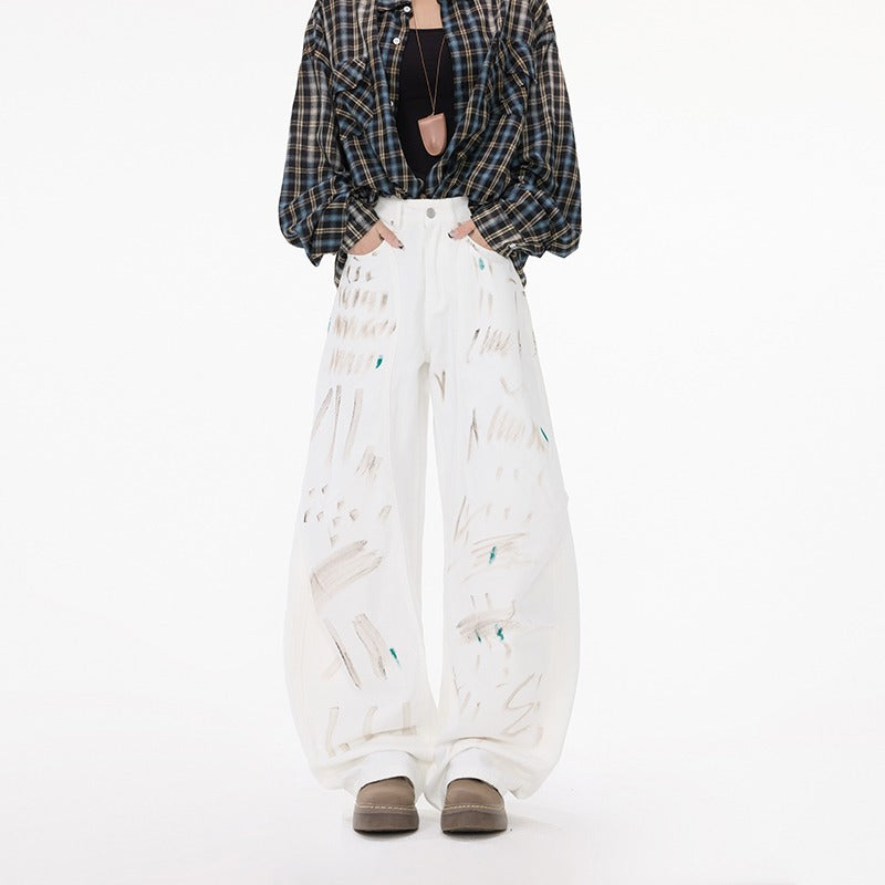 White Dirty Graffiti Machete Jeans For Women