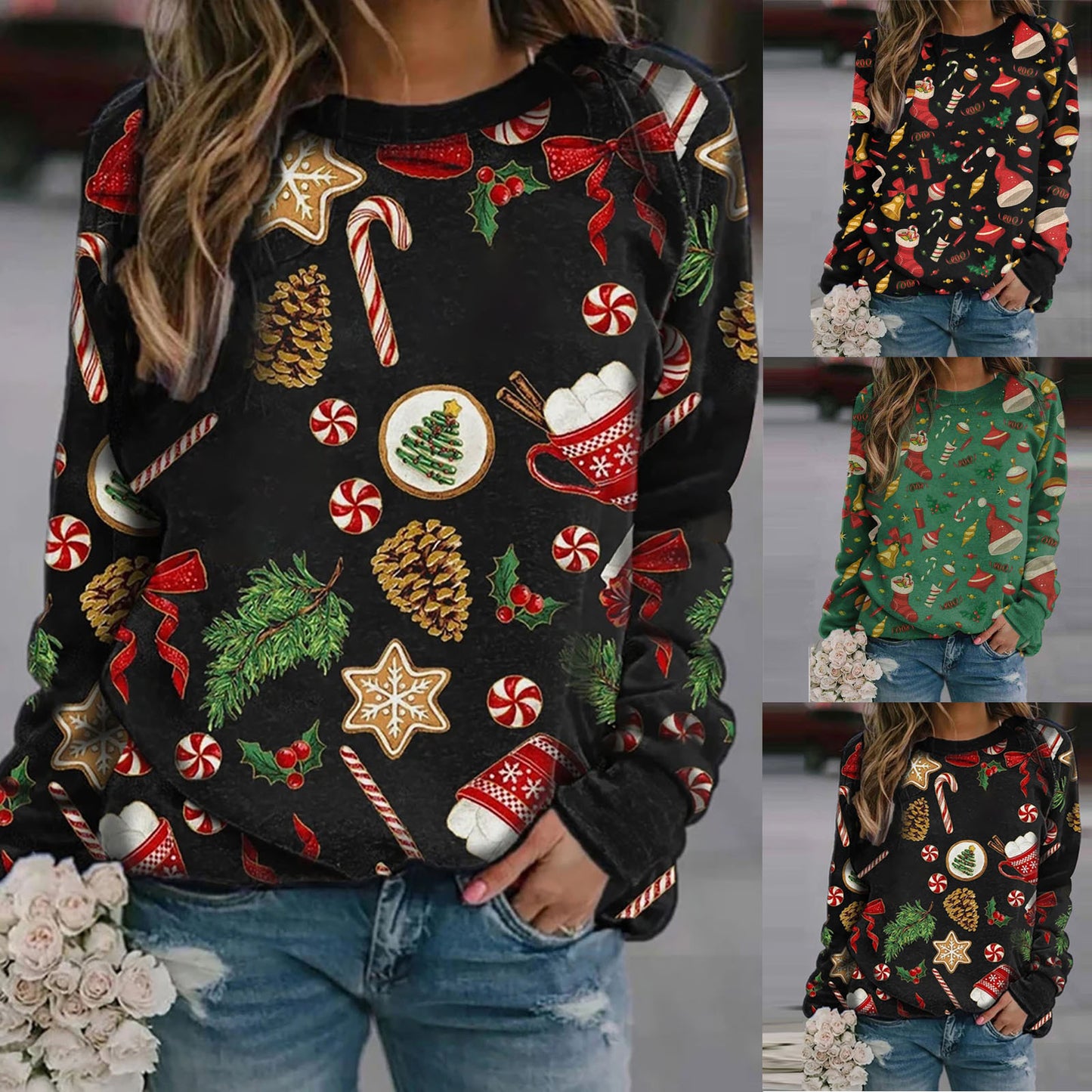 Europæisk og Amerikansk Jul Trykt Rund Hals Langærmet Fleece Sweater