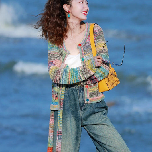 Dopamine Rainbow Fashionable Western Style Youthful-looking Knitted Cardigan